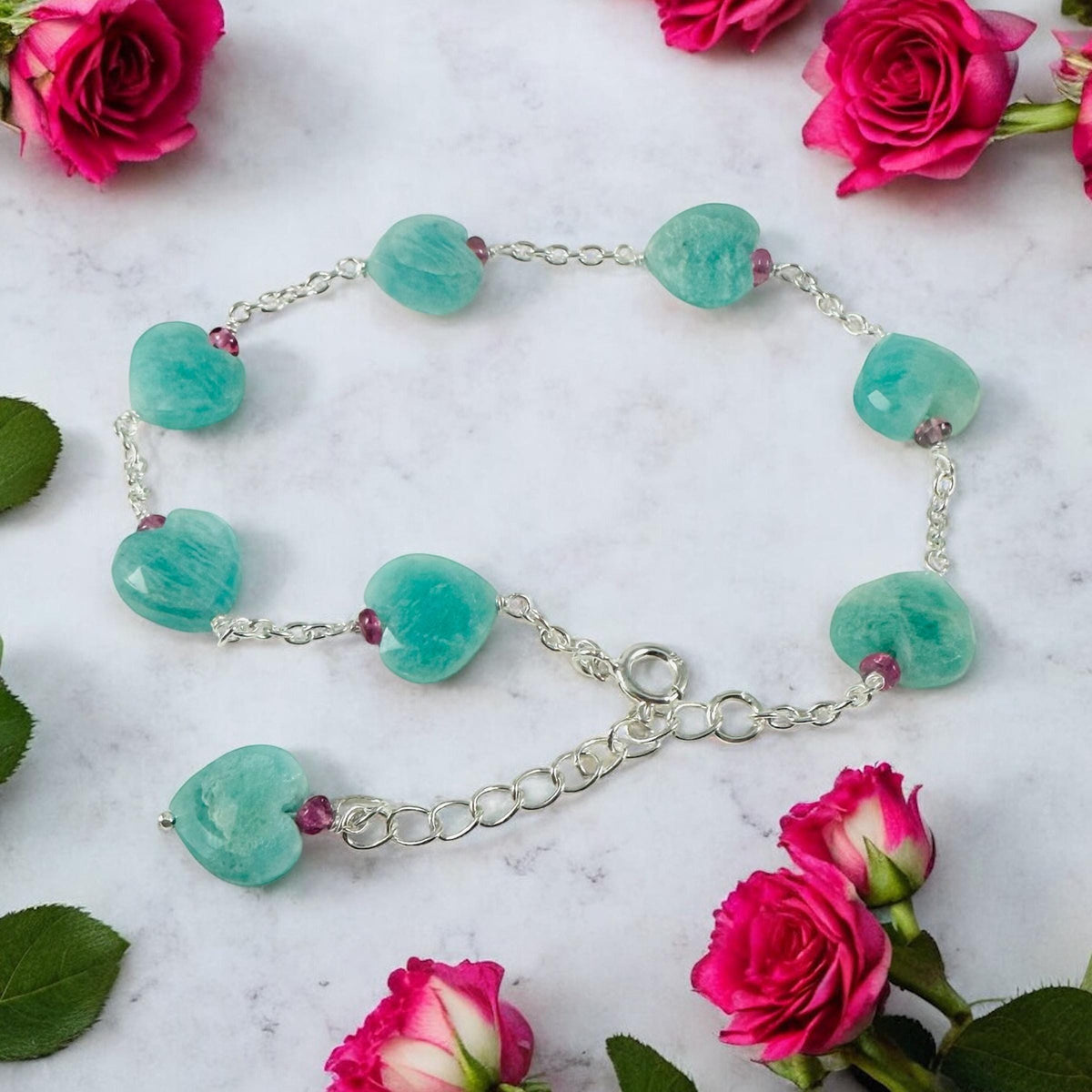 Natural Amazonite Heart & Pink Tourmaline Beads Bracelet - Valentines Bracelet - Amazonite Heart Bracelet - Ocean Gemstone - Silver Bracelet