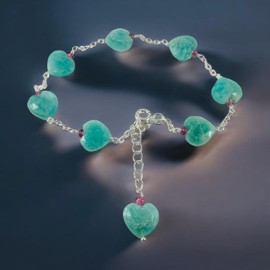 Natural Amazonite Heart & Pink Tourmaline Beads Bracelet - Valentines Bracelet - Amazonite Heart Bracelet - Ocean Gemstone - Silver Bracelet