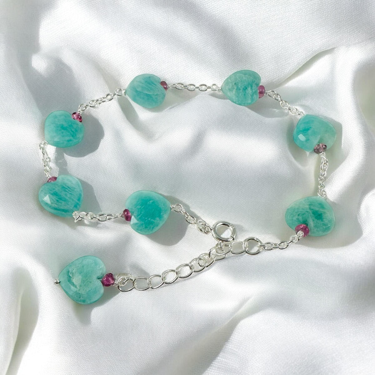 Natural Amazonite Heart & Pink Tourmaline Beads Bracelet - Valentines Bracelet - Amazonite Heart Bracelet - Ocean Gemstone - Silver Bracelet