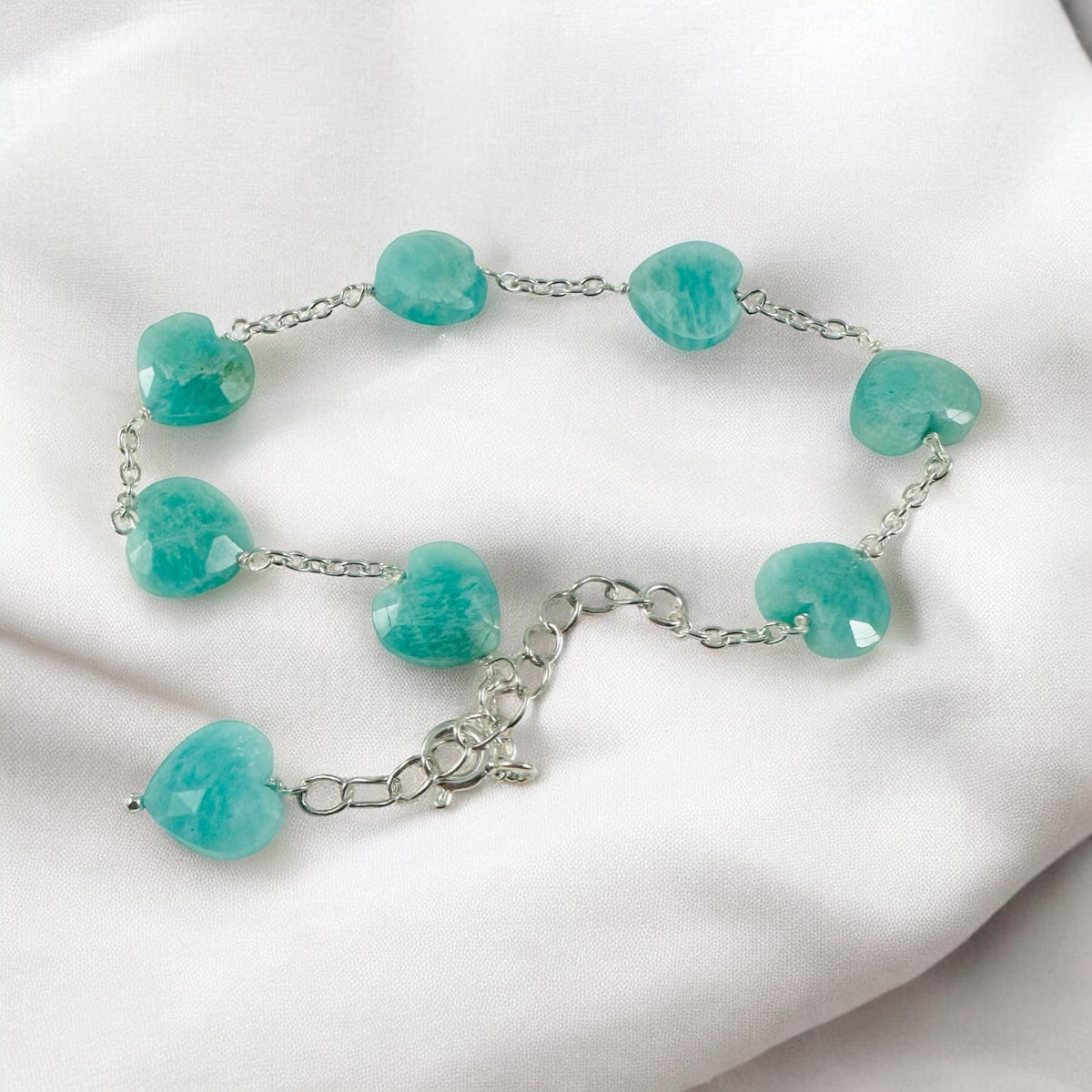 Natural Amazonite Heart Bracelet - Valentines Heart Bracelet - Ocean Blue Green Heart Bracelet - Solid 925 Silver Bracelet