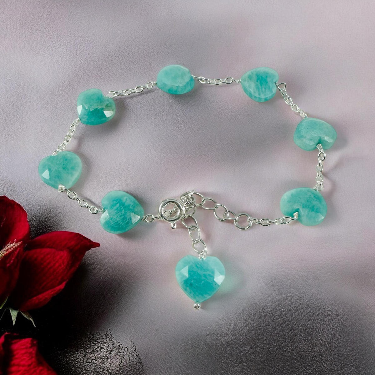Natural Amazonite Heart Bracelet - Valentines Heart Bracelet - Ocean Blue Green Heart Bracelet - Solid 925 Silver Bracelet