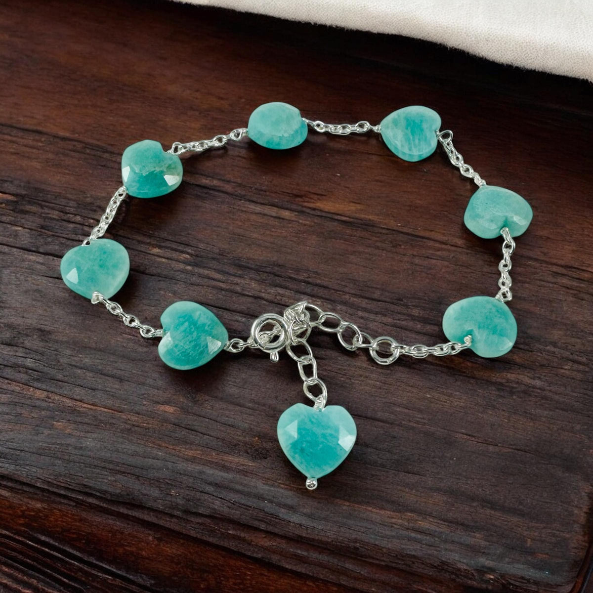 Natural Amazonite Heart Bracelet - Valentines Heart Bracelet - Ocean Blue Green Heart Bracelet - Solid 925 Silver Bracelet