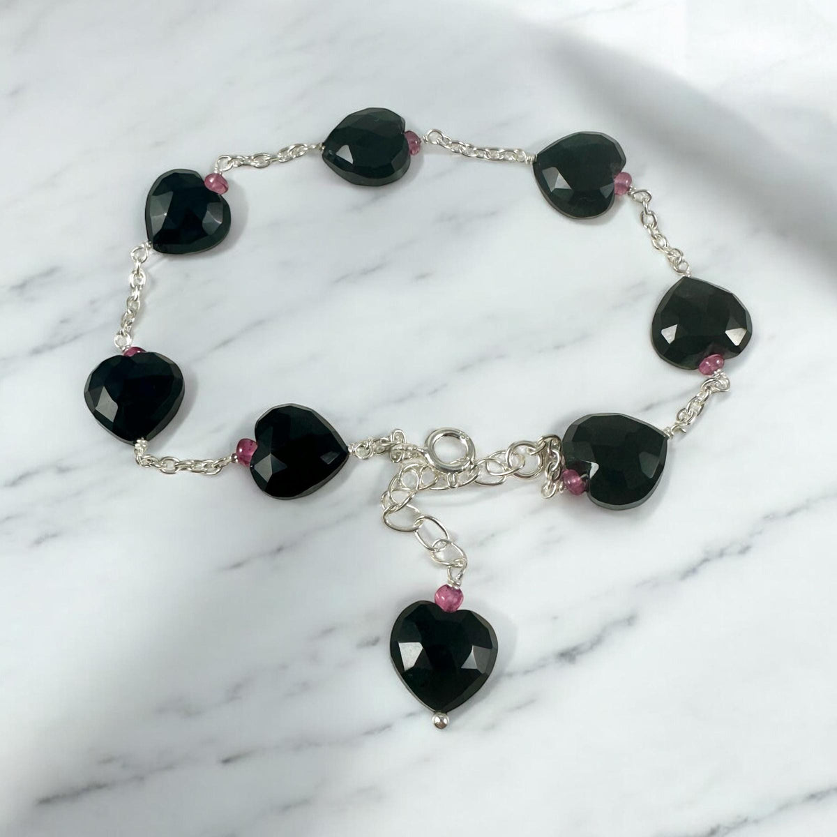 Natural Black Onyx and Pink Tourmaline Beads Bracelet - Valentines Bracelet - July Birthstone - Heart Bracelet - Solid 925 Silver Bracelet