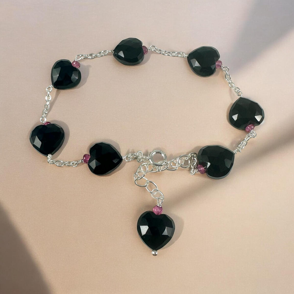 Natural Black Onyx and Pink Tourmaline Beads Bracelet - Valentines Bracelet - July Birthstone - Heart Bracelet - Solid 925 Silver Bracelet