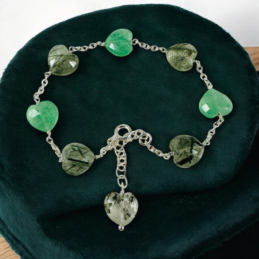 Natural Rutile and Green Aventurine Heart Bracelet - Valentines Bracelet - Rutilated Quartz Bracelet - Heart Bracelet - 925 Silver Bracelet