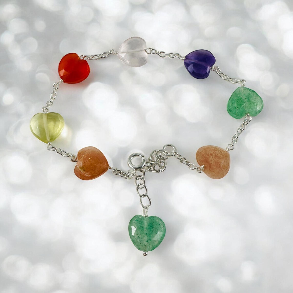 Multi-Gemstone Valentines Heart Bracelet - Moonstone - Carnelian - Lemon Quartz - Amethyst - Aventurine - Rose Quartz - Silver Bracelet
