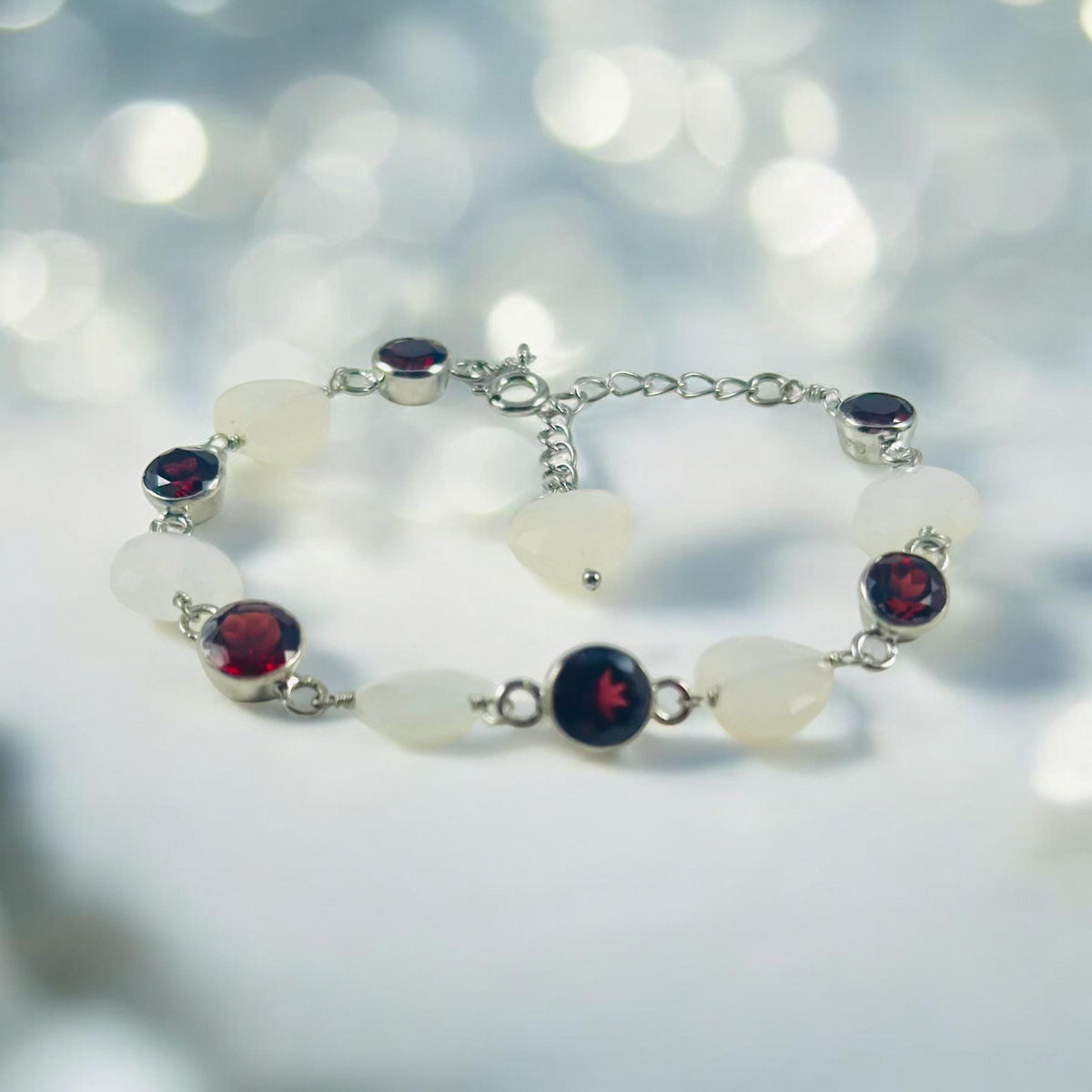 Natural Moonstone Heart & Red Garnet Bracelet - Stunning Bracelet - June Birthstone - January Birthstone - 925 Sterling Silver Bracelet
