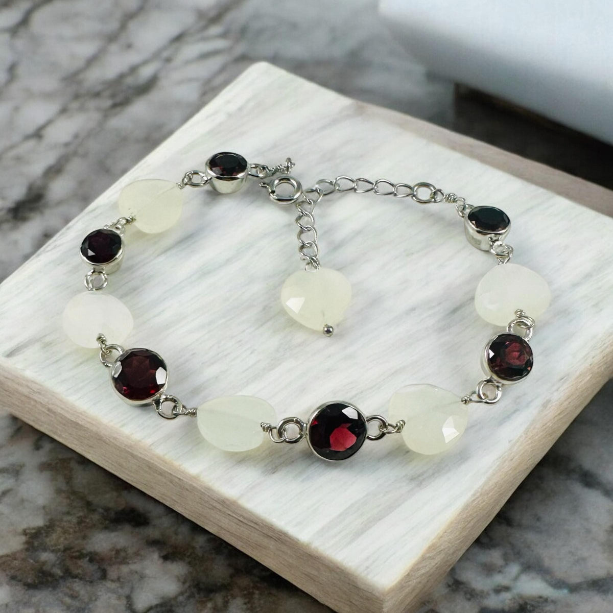 Natural Moonstone Heart & Red Garnet Bracelet - Stunning Bracelet - June Birthstone - January Birthstone - 925 Sterling Silver Bracelet
