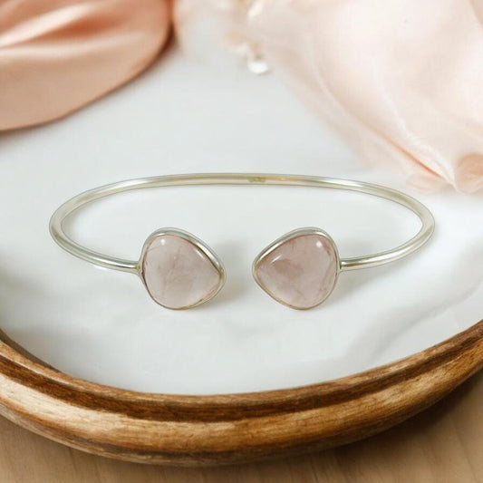 Natural Rose Quartz Bracelet - Adjustable Sleek Bangle - January Birthstone - Gift for Her - Solid 925 Sterling Silver Bracelet