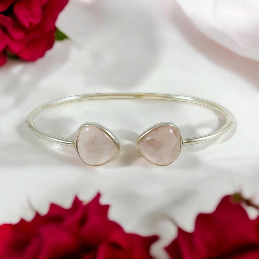 Natural Rose Quartz Bracelet - Adjustable Sleek Bangle - January Birthstone - Gift for Her - Solid 925 Sterling Silver Bracelet