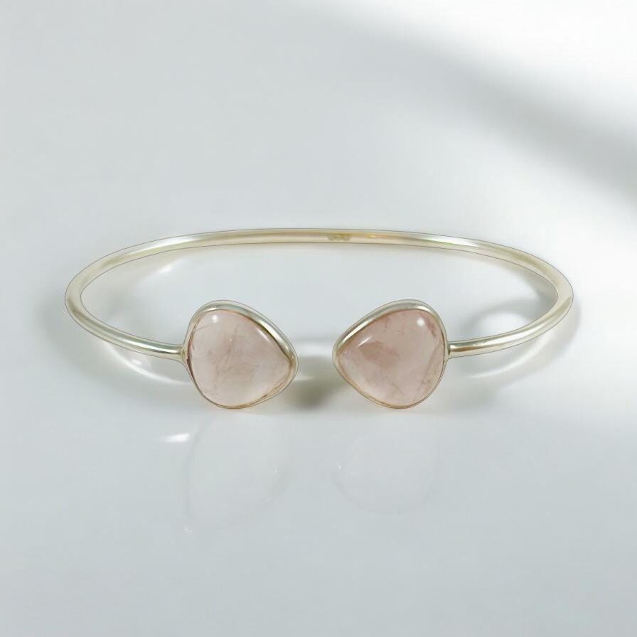 Natural Rose Quartz Bracelet - Adjustable Sleek Bangle - January Birthstone - Gift for Her - Solid 925 Sterling Silver Bracelet