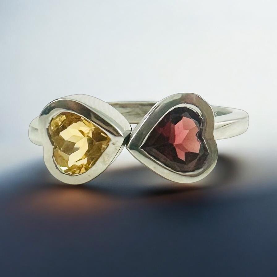 Genuine Citrine and Red Garnet Heart Shaped Ring - Exquisite 2 Heart Ring - Adjustable Heart Ring - Valentines Ring - Sterling Silver Ring