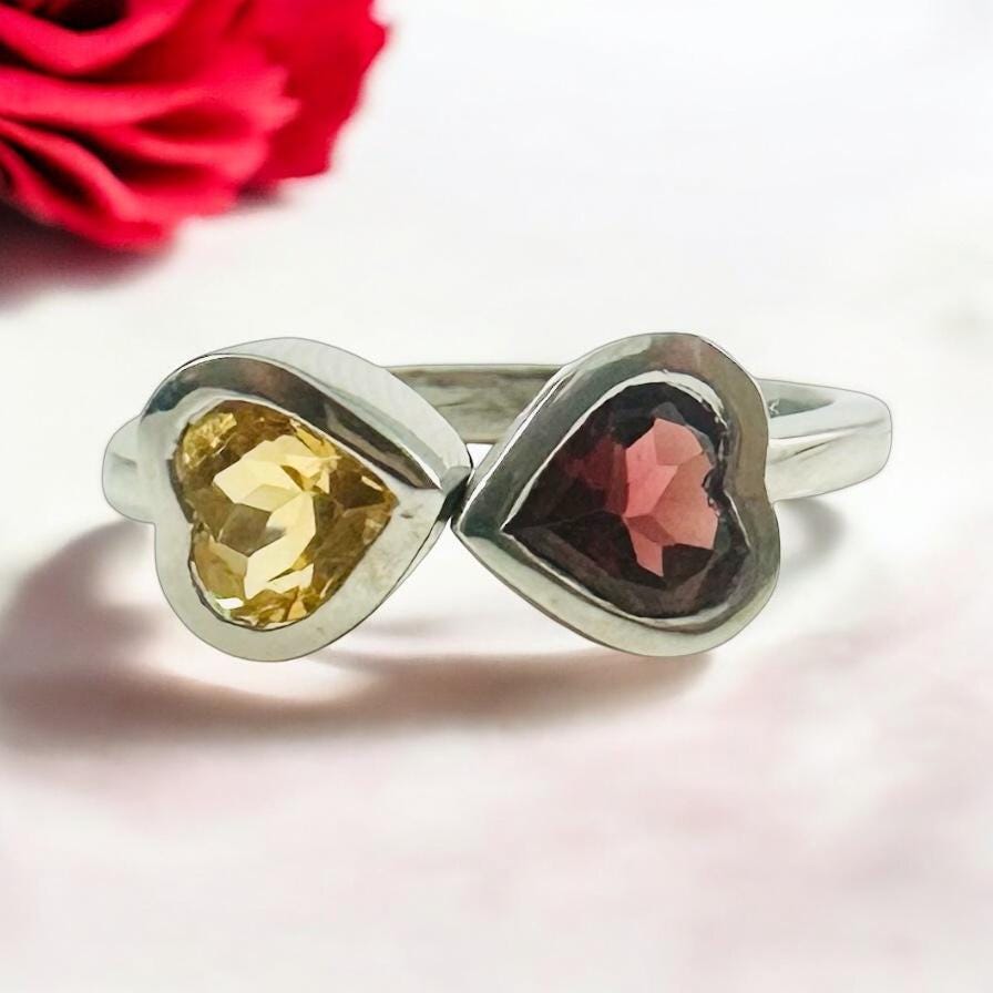 Genuine Citrine and Red Garnet Heart Shaped Ring - Exquisite 2 Heart Ring - Adjustable Heart Ring - Valentines Ring - Sterling Silver Ring