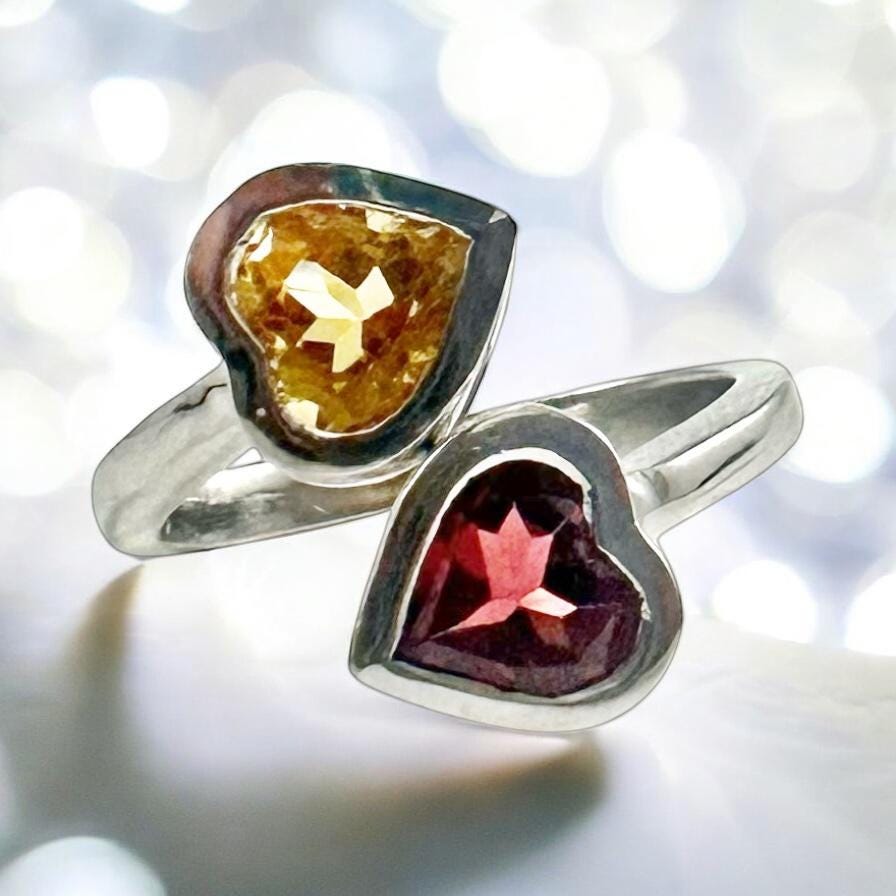 Genuine Citrine and Red Garnet Heart Shaped Ring - Exquisite 2 Heart Ring - Adjustable Heart Ring - Valentines Ring - Sterling Silver Ring