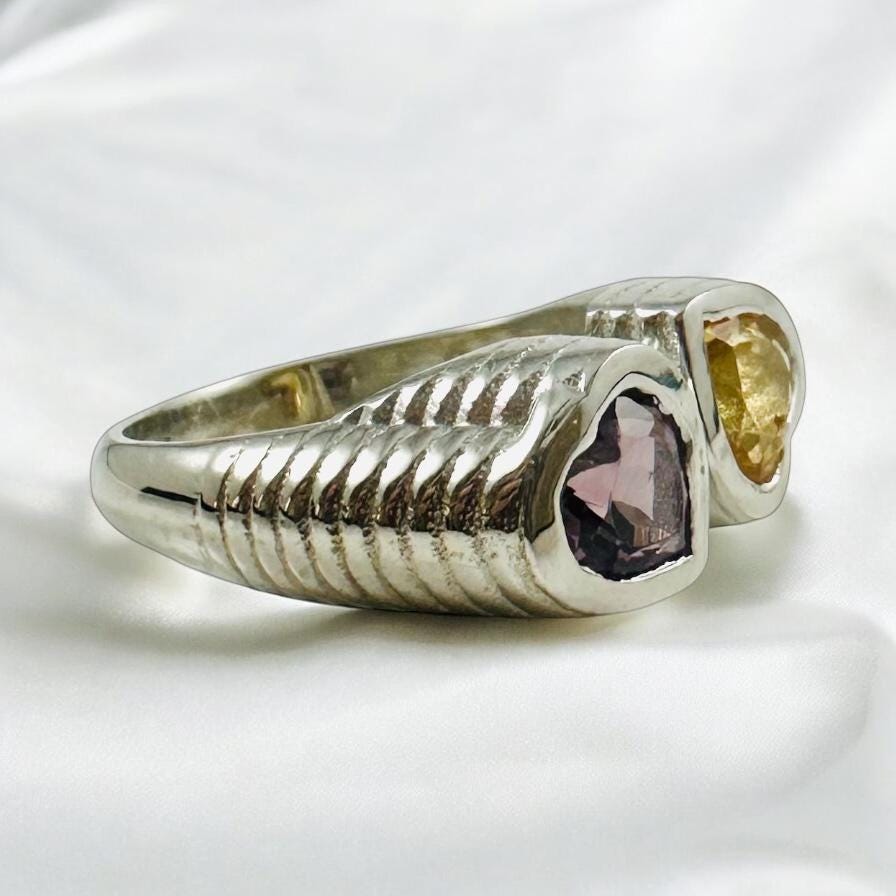Genuine Amethyst and Citrine Heart Shaped Ring - Exquisite 2 Heart Ring - Adjustable Heart Ring - Valentines Ring - 925 Sterling Silver Ring