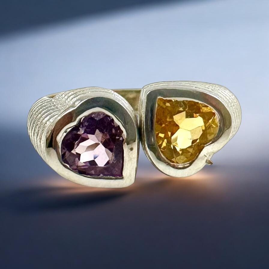 Genuine Amethyst and Citrine Heart Shaped Ring - Exquisite 2 Heart Ring - Adjustable Heart Ring - Valentines Ring - 925 Sterling Silver Ring