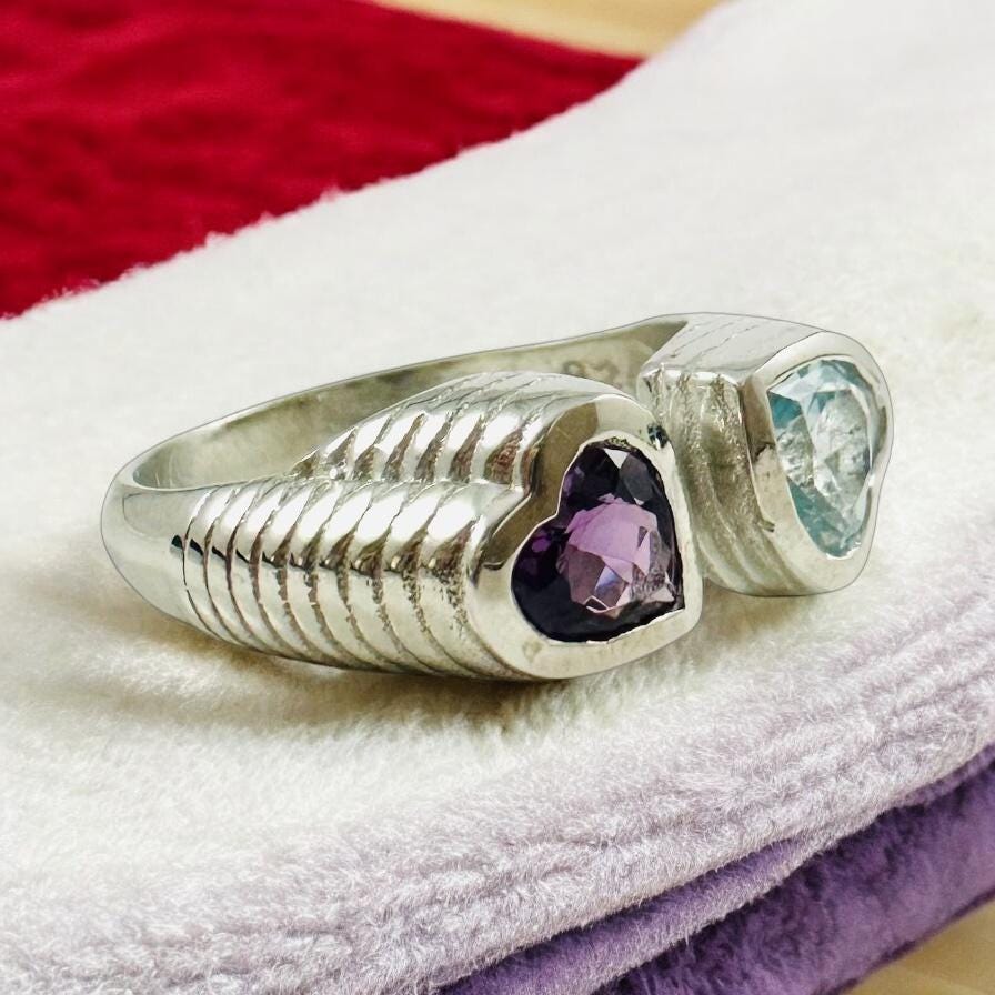 Genuine Amethyst and Blue Topaz Heart Shaped Ring - Exquisite 2 Heart Ring - Adjustable Heart Ring - Valentines Ring - Sterling Silver Ring