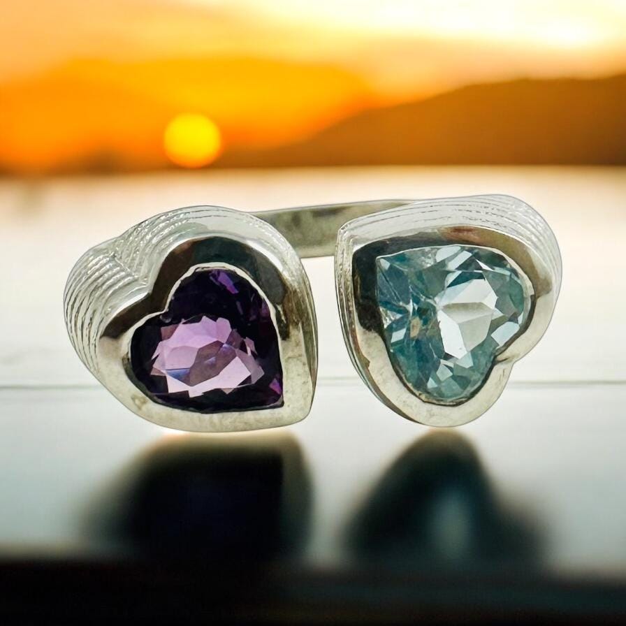 Genuine Amethyst and Blue Topaz Heart Shaped Ring - Exquisite 2 Heart Ring - Adjustable Heart Ring - Valentines Ring - Sterling Silver Ring