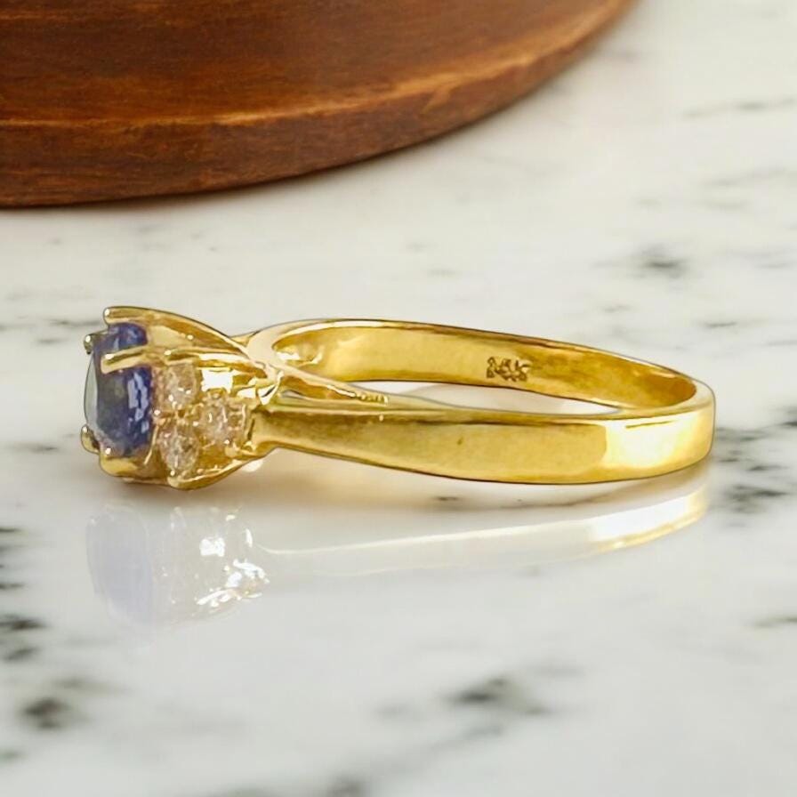Solid 14 K Gold Natural Tanzanite Diamond Ring - Dainty 14K Gold Ring - High Quality Gemstones - Size 5.0 Ring - Solid 14K Gold Diamond Ring