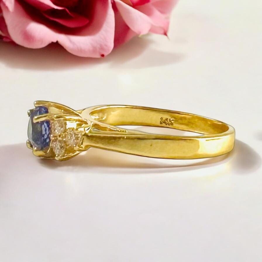 Solid 14 K Gold Natural Tanzanite Diamond Ring - Dainty 14K Gold Ring - High Quality Gemstones - Size 5.0 Ring - Solid 14K Gold Diamond Ring