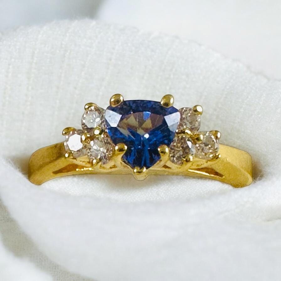 Solid 14 K Gold Natural Tanzanite Diamond Ring - Dainty 14K Gold Ring - High Quality Gemstones - Size 5.0 Ring - Solid 14K Gold Diamond Ring