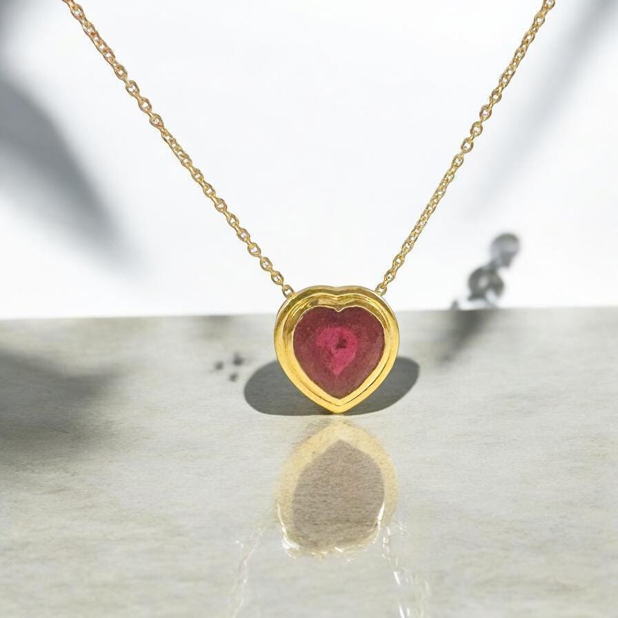 Solid 14K Gold Ruby Pendant - Gold Ruby Heart Pendant - Gold Ruby Necklace - Ruby Heart Floating Pendant - 14K Gold Ruby Necklace