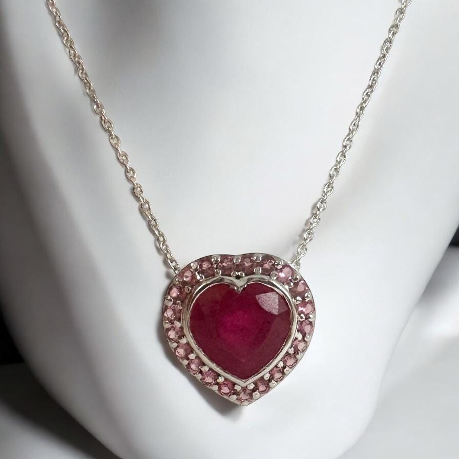 Solid 14K White Gold Ruby and Pink Tourmaline Pendant - Gold Ruby Heart Pendant - 14K Gold Ruby Heart Floating Pendant - 14K White Gold