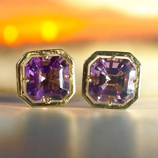 Stunning Large Amethyst Studs - Gold Amethyst Earrings - Amethyst Party Wear Earrings - High Quality Earrings - Solid Sterling Silver Studs