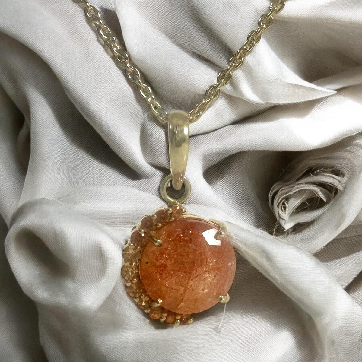 Natural Sunstone and Mandarin Garnet Pendant Gold Plated w Free Chain - Sunstone Gold Plated Pendant -Solid 925 Silver Gold Plated Pendant