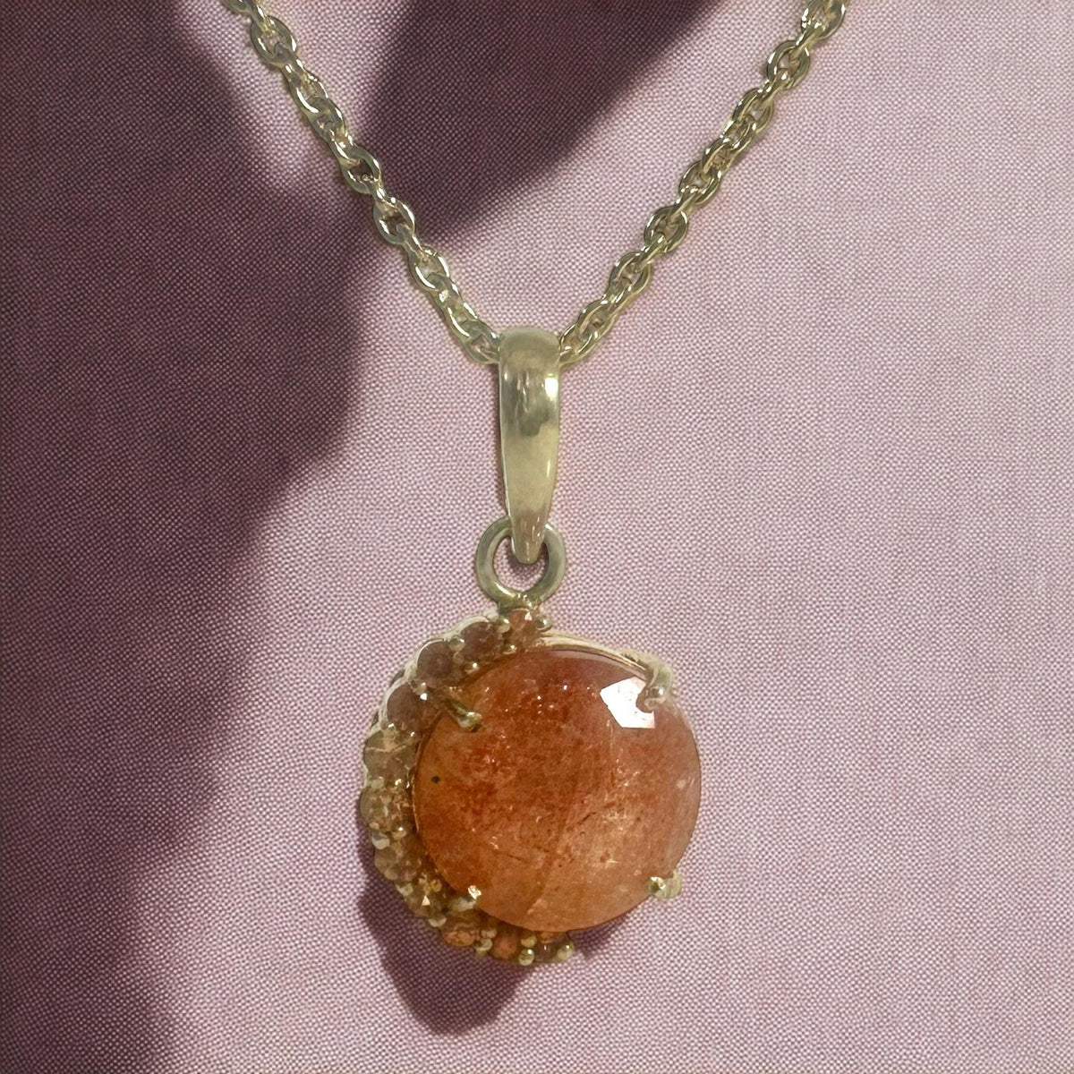 Natural Sunstone and Mandarin Garnet Pendant Gold Plated w Free Chain - Sunstone Gold Plated Pendant -Solid 925 Silver Gold Plated Pendant