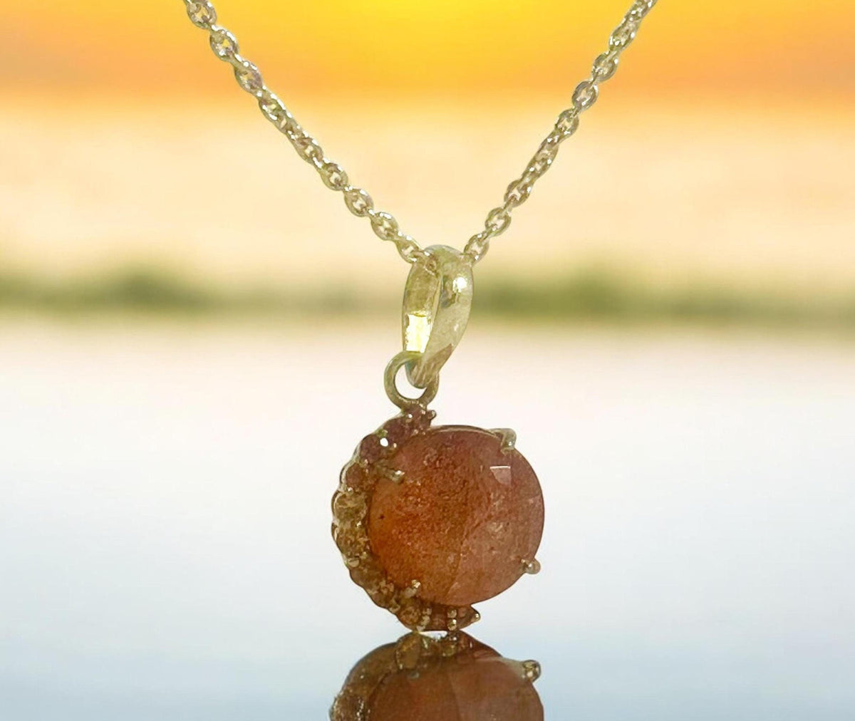 Natural Sunstone and Mandarin Garnet Pendant Gold Plated w Free Chain - Sunstone Gold Plated Pendant -Solid 925 Silver Gold Plated Pendant