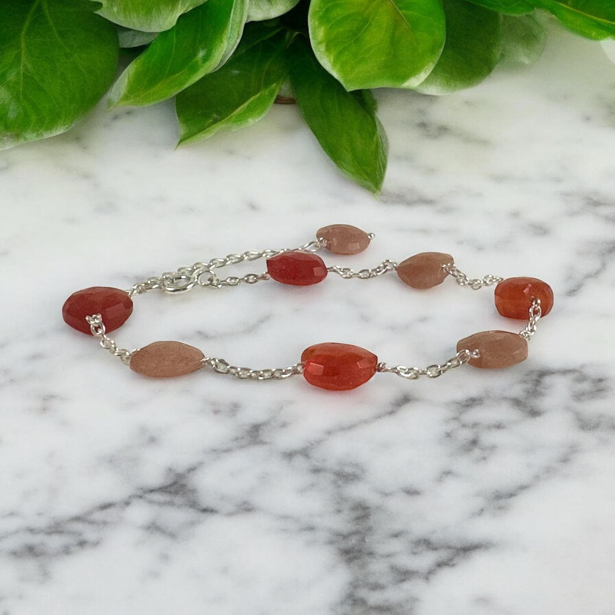 Carnelian and Peach Moonstone Heart Bracelet - Valentines Bracelet - August Birthstone - June Birthstone - 925 Sterling Silver Bracelet