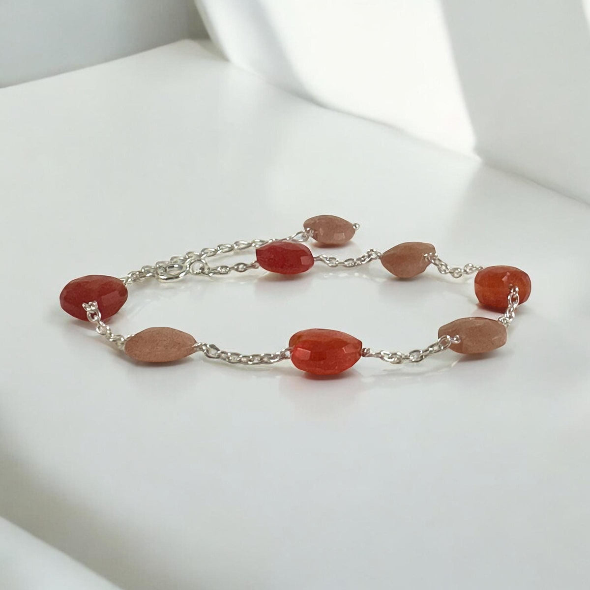 Carnelian and Peach Moonstone Heart Bracelet - Valentines Bracelet - August Birthstone - June Birthstone - 925 Sterling Silver Bracelet
