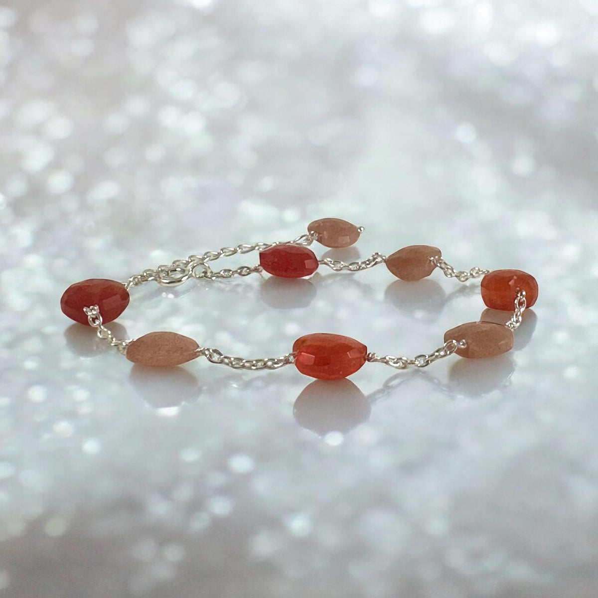 Carnelian and Peach Moonstone Heart Bracelet - Valentines Bracelet - August Birthstone - June Birthstone - 925 Sterling Silver Bracelet
