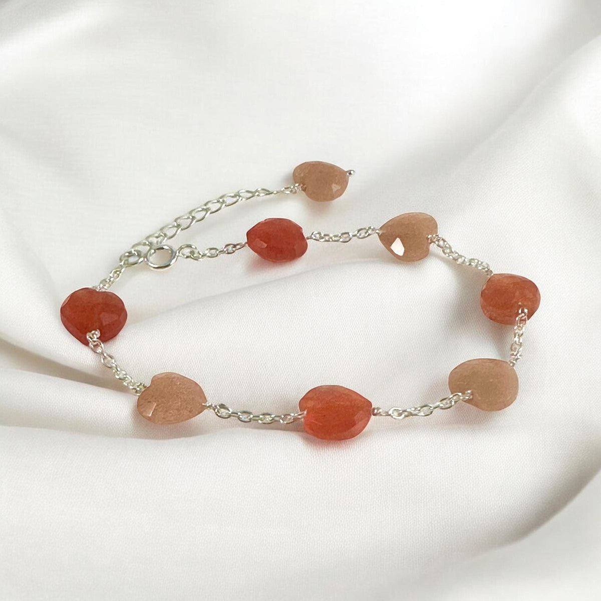 Carnelian and Peach Moonstone Heart Bracelet - Valentines Bracelet - August Birthstone - June Birthstone - 925 Sterling Silver Bracelet