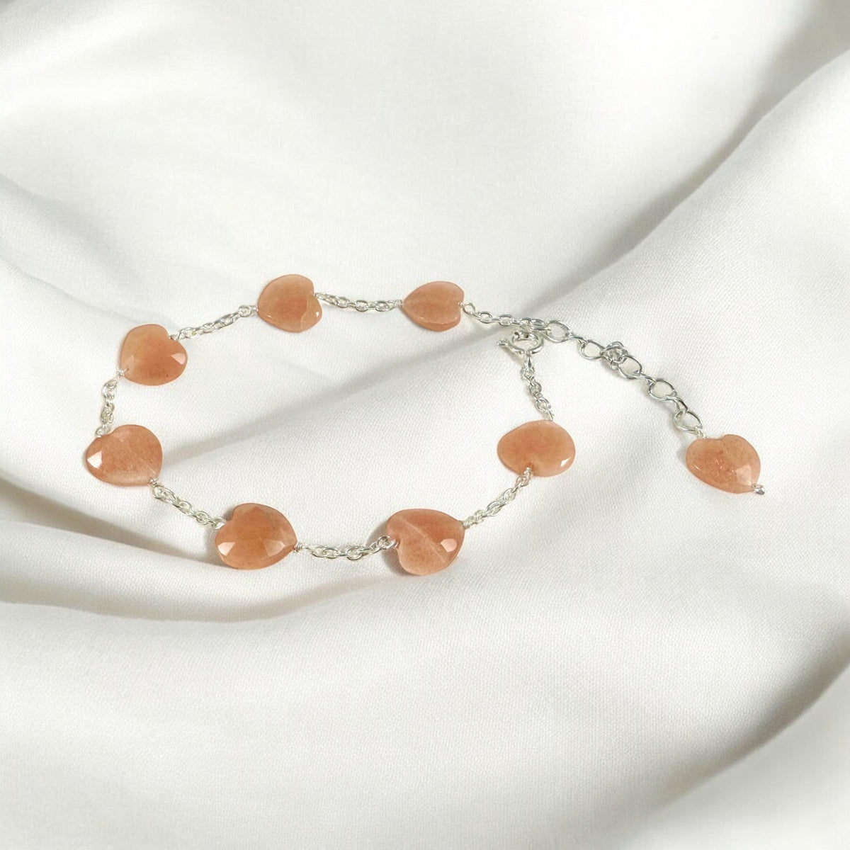 Natural Peach Moonstone Heart Bracelet - Valentines Bracelet - Gemstone Hearts Bracelet - June Birthstone - 925 Sterling Silver Bracelet