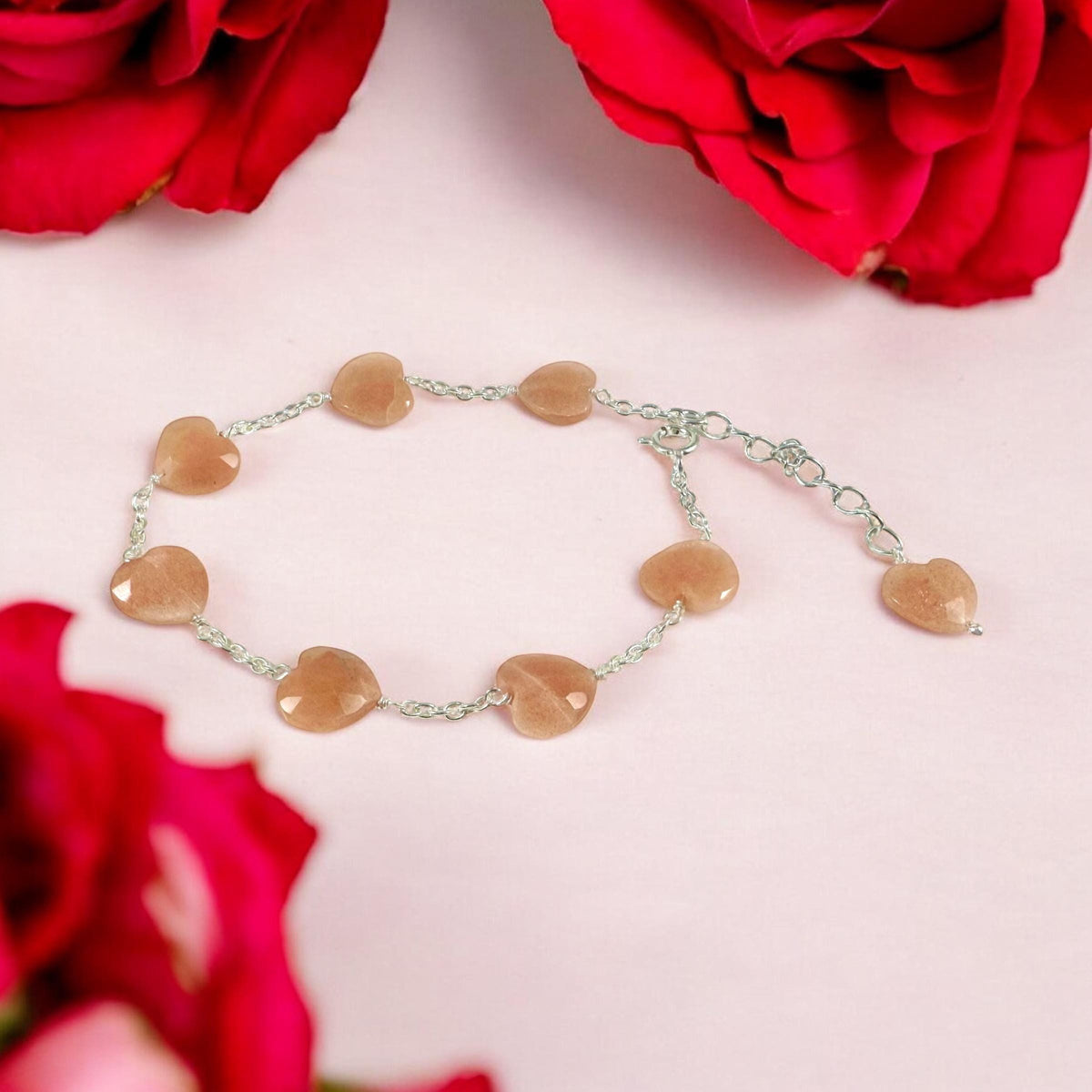 Natural Peach Moonstone Heart Bracelet - Valentines Bracelet - Gemstone Hearts Bracelet - June Birthstone - 925 Sterling Silver Bracelet