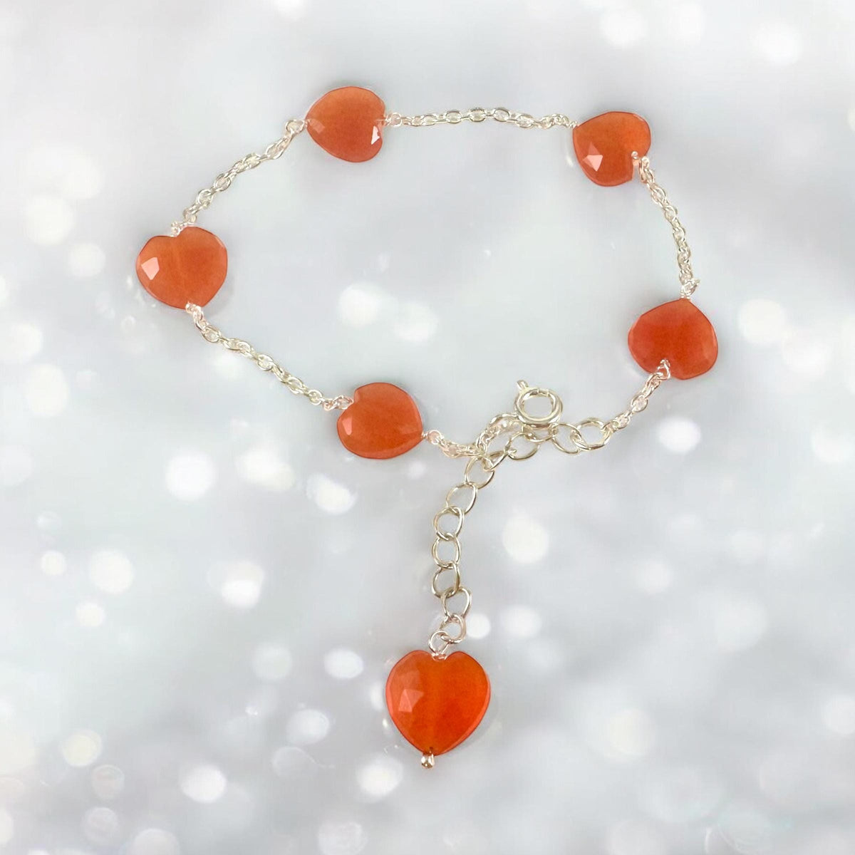 Natural Carnelian Heart Bracelet - Valentines Bracelet - August Birthstone - Gemstone Heart Bracelet - Solid 925 Sterling Silver Bracelet
