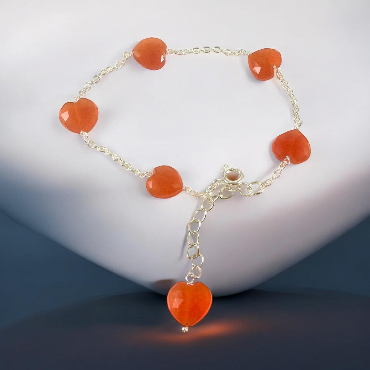 Natural Carnelian Heart Bracelet - Valentines Bracelet - August Birthstone - Gemstone Heart Bracelet - Solid 925 Sterling Silver Bracelet