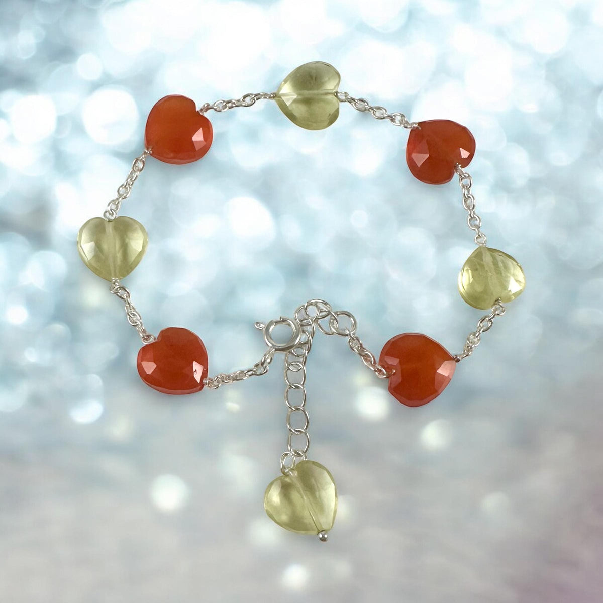 Natural Carnelian and Lemon Quartz Heart Bracelet - Valentines Bracelet - August Birthstone - Heart Bracelet - 925 Sterling Silver Bracelet