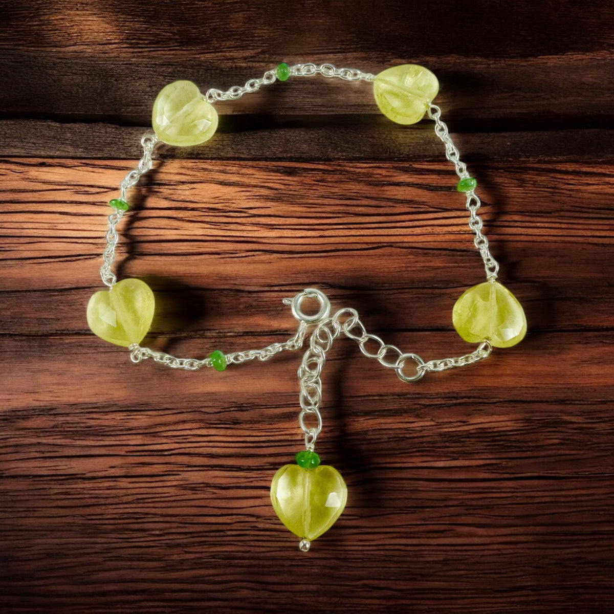 Natural Lemon Quartz Heart and Tsavorite Bracelet - Valentines Bracelet - February Birthstone - Heart Bracelet - Sterling Silver Bracelet