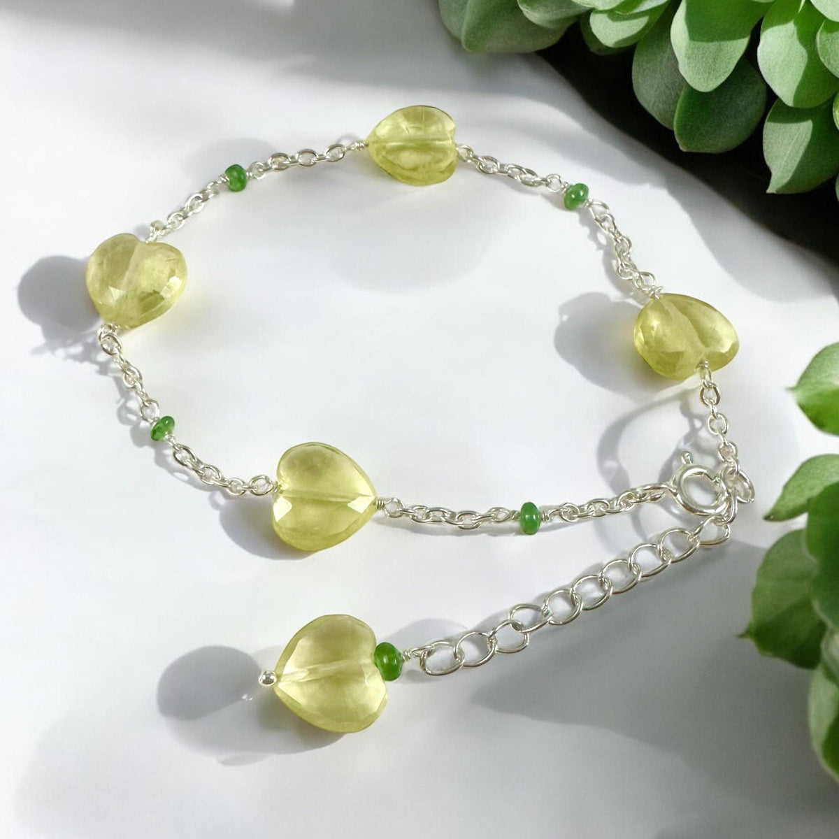 Natural Lemon Quartz Heart and Tsavorite Bracelet - Valentines Bracelet - February Birthstone - Heart Bracelet - Sterling Silver Bracelet