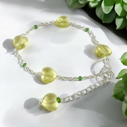 Natural Lemon Quartz Heart and Tsavorite Bracelet - Valentines Bracelet - February Birthstone - Heart Bracelet - Sterling Silver Bracelet