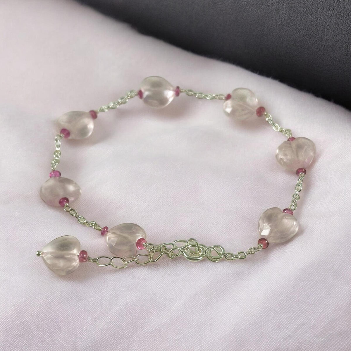 Natural Rose Quartz Heart & Pink Tourmaline Beads Bracelet - Valentines Bracelet - January Birthstone - Heart Bracelet - 925 Silver Bracelet