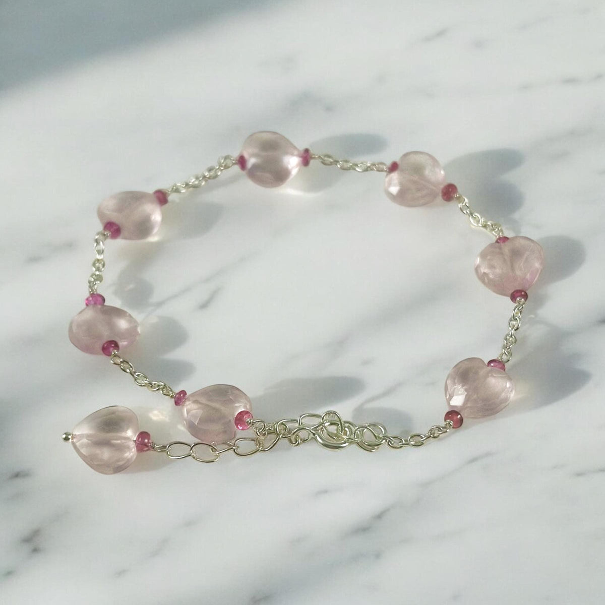 Natural Rose Quartz Heart & Pink Tourmaline Beads Bracelet - Valentines Bracelet - January Birthstone - Heart Bracelet - 925 Silver Bracelet