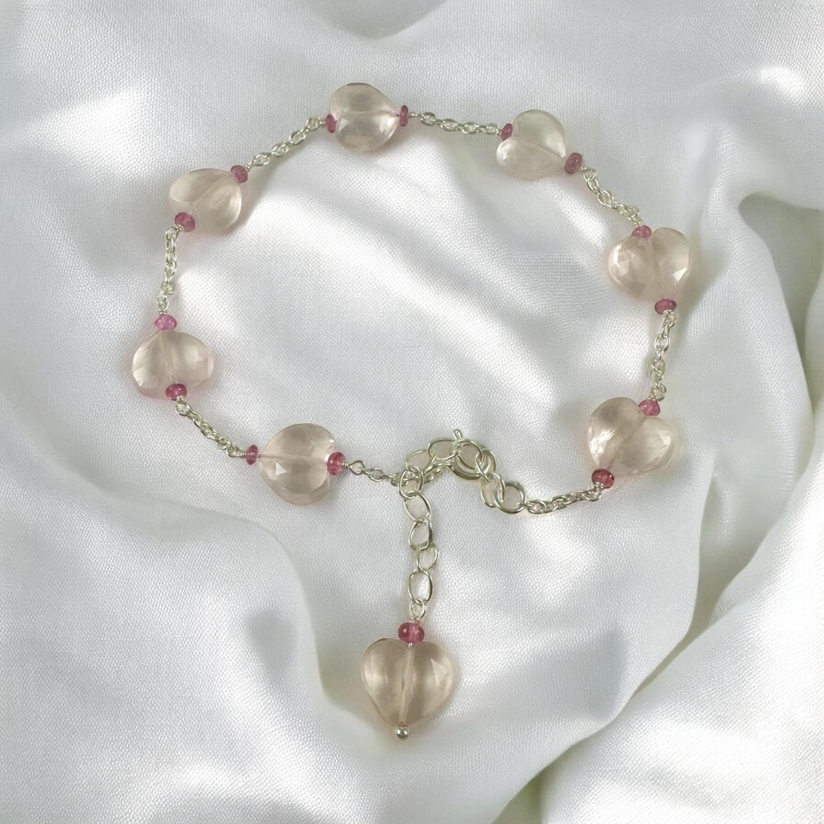 Natural Rose Quartz Heart & Pink Tourmaline Beads Bracelet - Valentines Bracelet - January Birthstone - Heart Bracelet - 925 Silver Bracelet