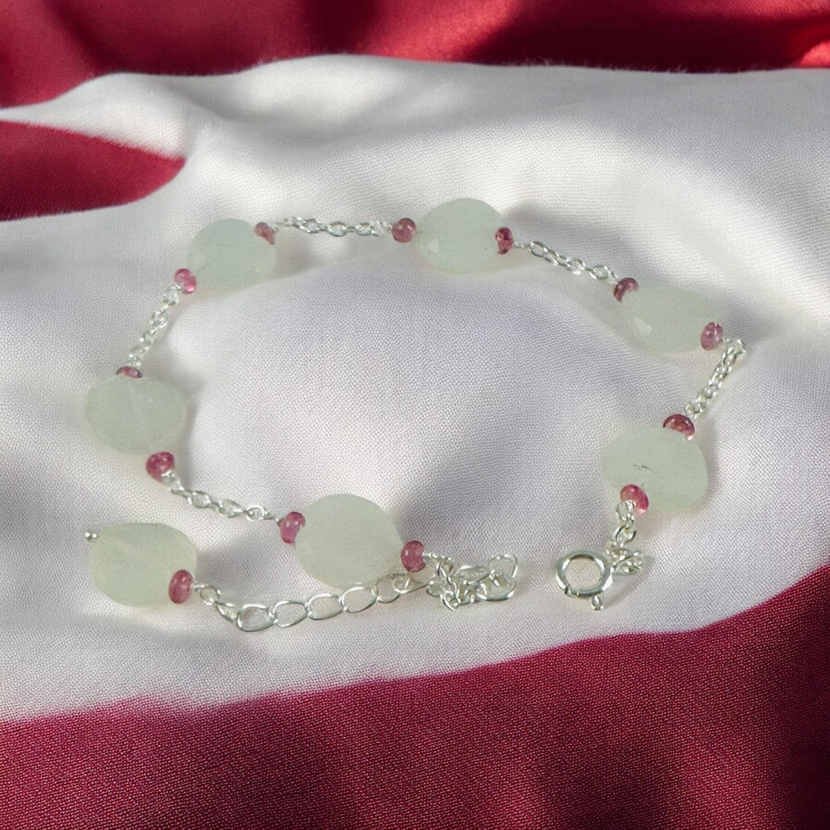 Natural Moonstone Heart & Pink Tourmaline Beads Bracelet - Valentines Bracelet - June Birthstone - Heart Bracelet - 925 Silver Bracelet