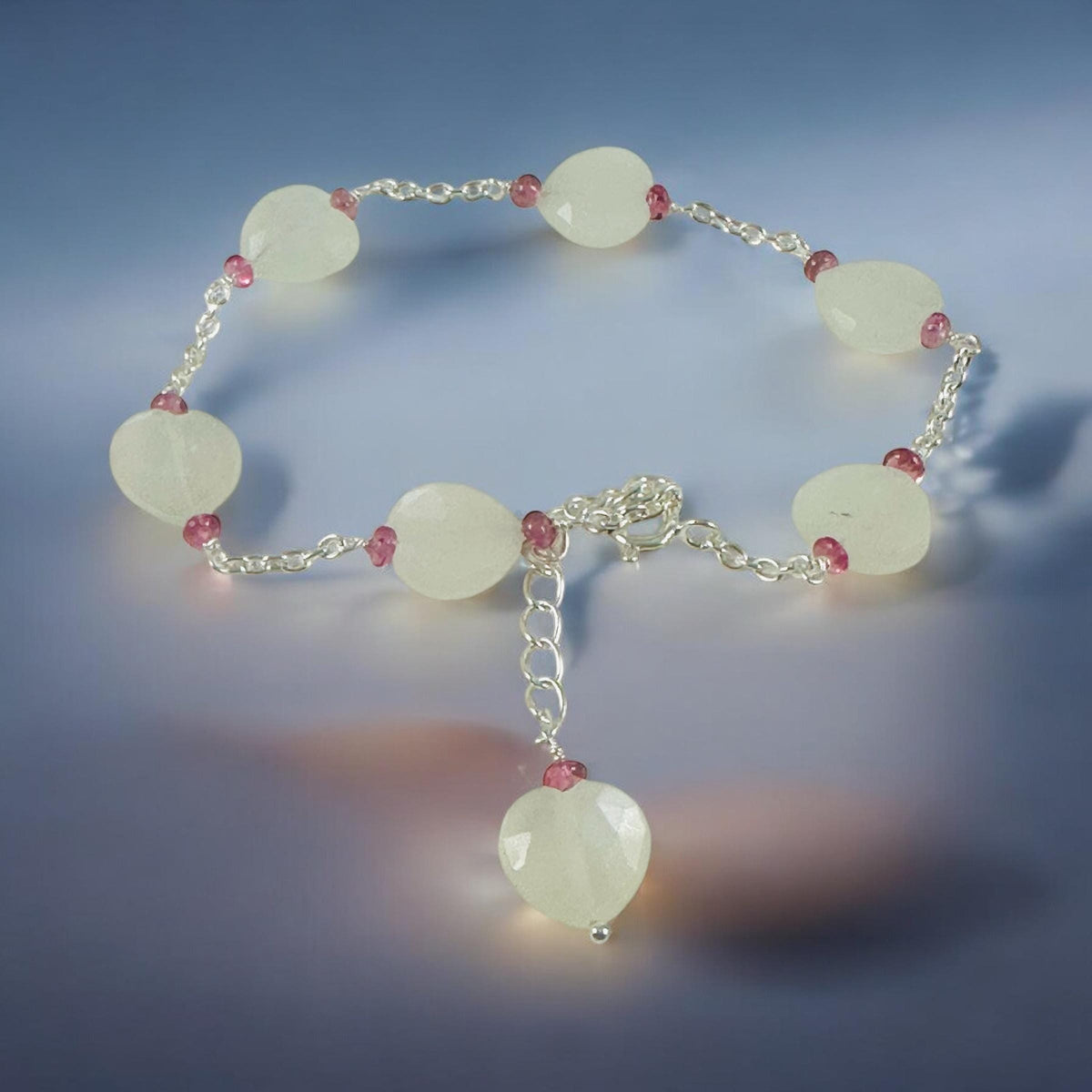Natural Moonstone Heart & Pink Tourmaline Beads Bracelet - Valentines Bracelet - June Birthstone - Heart Bracelet - 925 Silver Bracelet