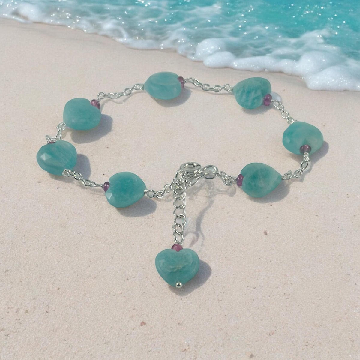 Natural Amazonite Heart & Pink Tourmaline Beads Bracelet - Valentines Bracelet - Amazonite Heart Bracelet - Ocean Gemstone - Silver Bracelet