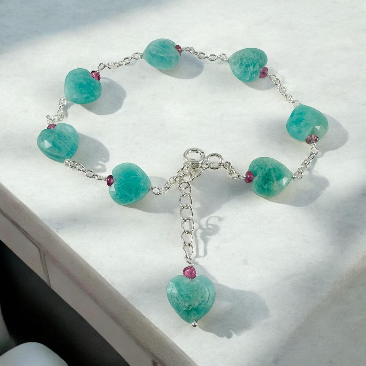 Natural Amazonite Heart & Pink Tourmaline Beads Bracelet - Valentines Bracelet - Amazonite Heart Bracelet - Ocean Gemstone - Silver Bracelet